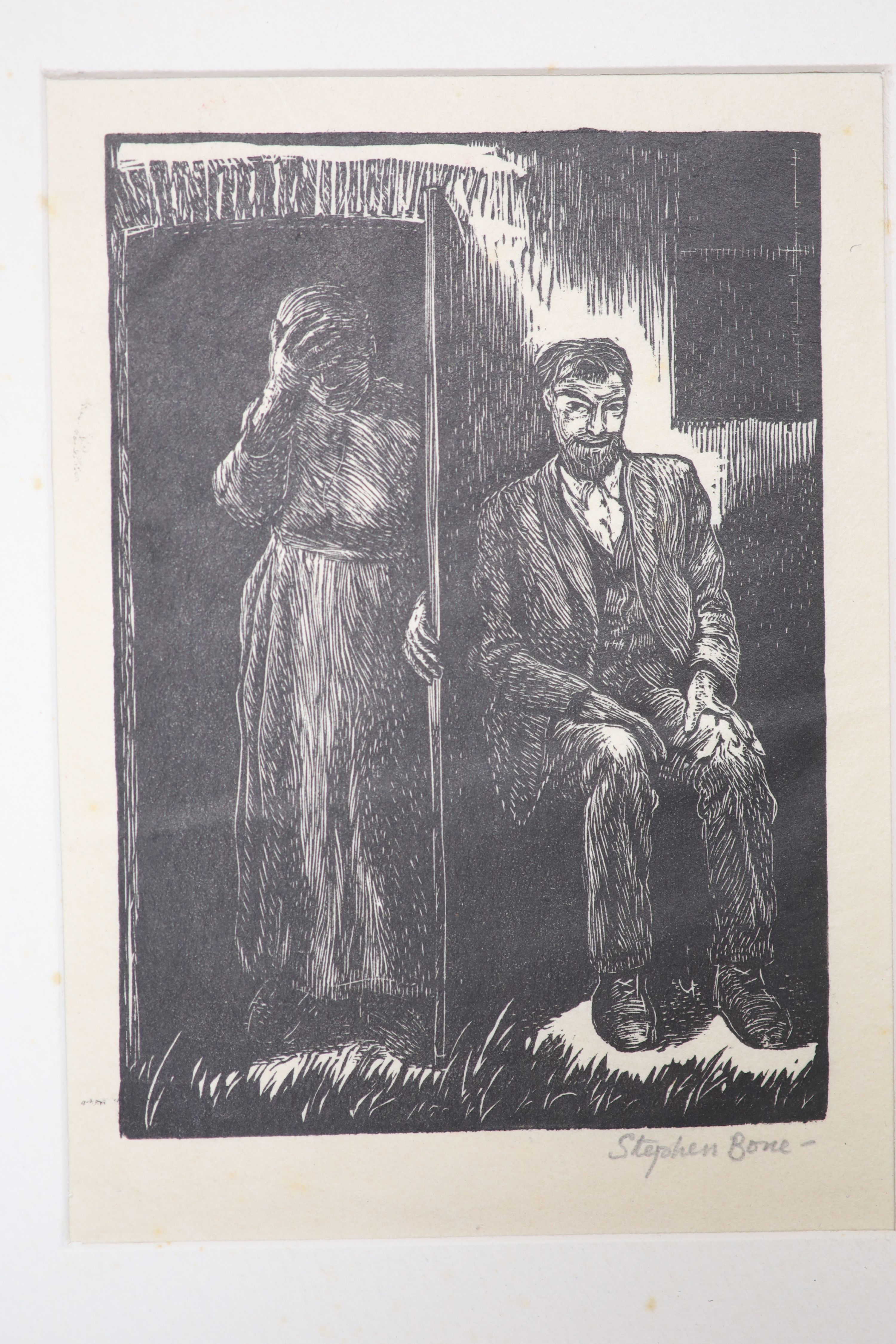 Stephen Bone, N.E.A.C., (1904-1958), two woodcut prints: Priest in confession; and 'Loch Coruisk' Isle of Skye, Scottish Highlands, signed in pencil, 11.5 x 8cm and 10 x 12.5cm, both unframed